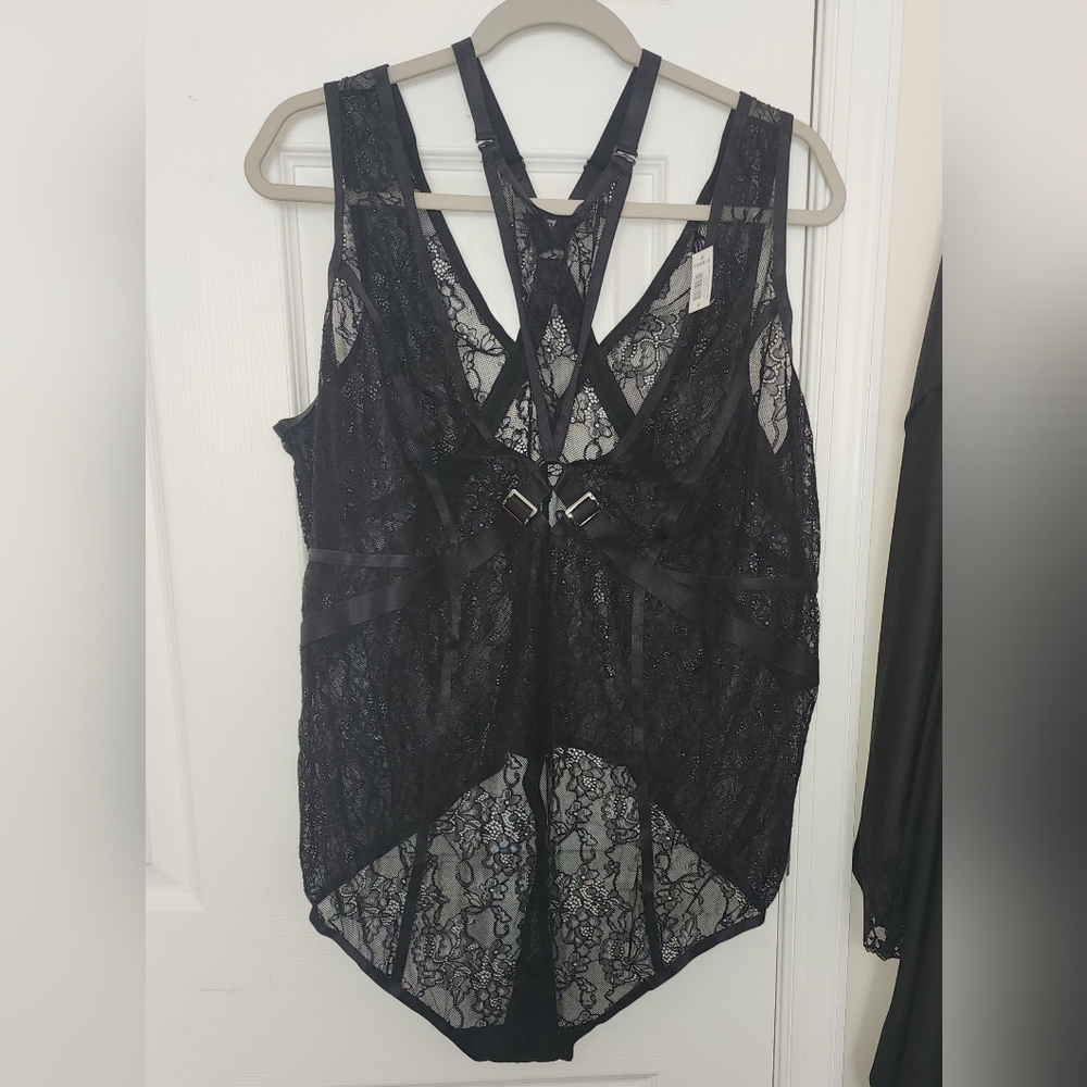 TORRID Black Lace Thong Bodysuit with Sexy Straps